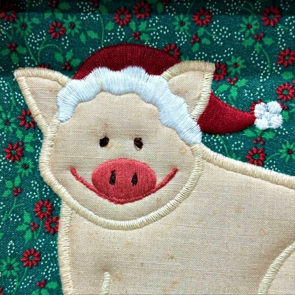 Valories Folk Art Pig Applique Framed 8 x 6" Vintage 80s I Love Christmas Cookin - Picture 3 of 9